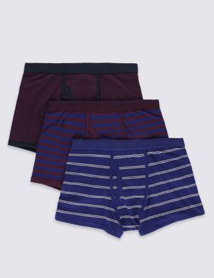 3 Pack Cotton Rich Cool & Fresh&trade; Blackcurrant Striped Trunks with StayNEW&trade;